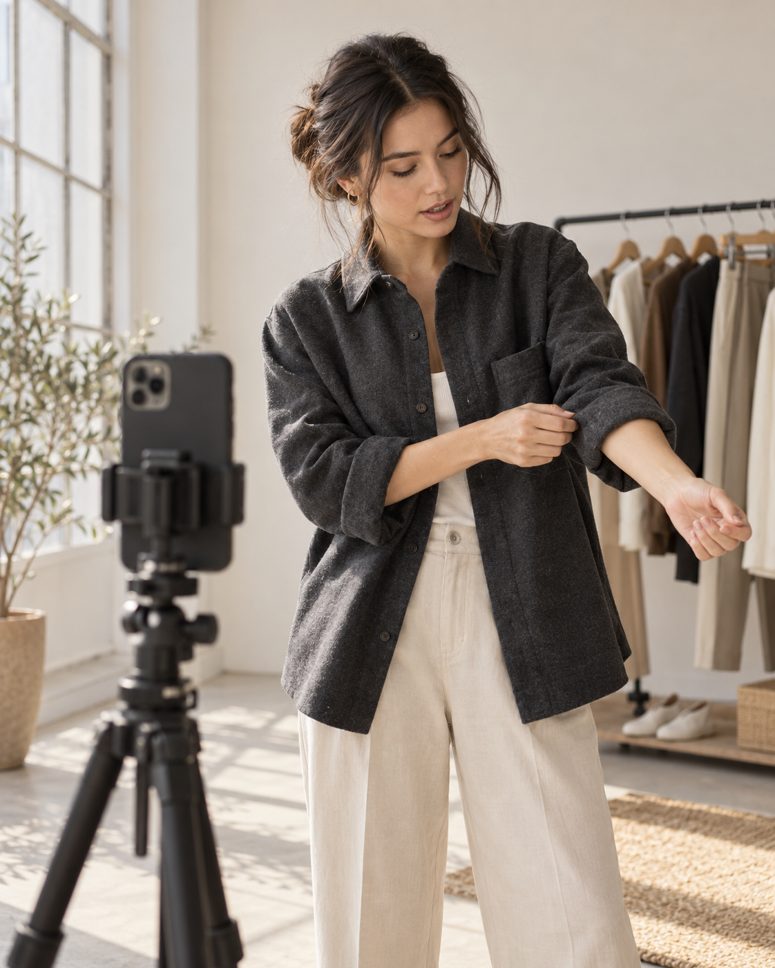 Illustrative scene of a fashion creator demonstrating an outfit for a smartphone camera